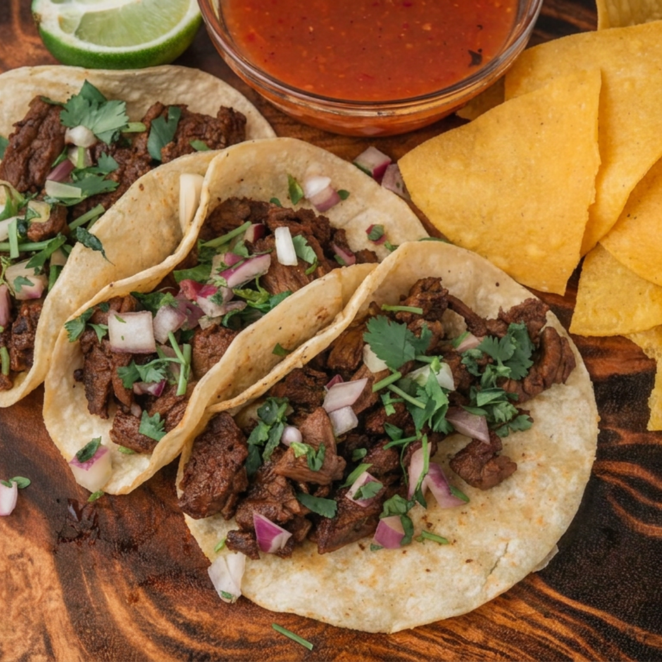 Three meat tacos topped with cilantro and diced onions, served with tortilla chips, salsa, and lime on a wooden platter.