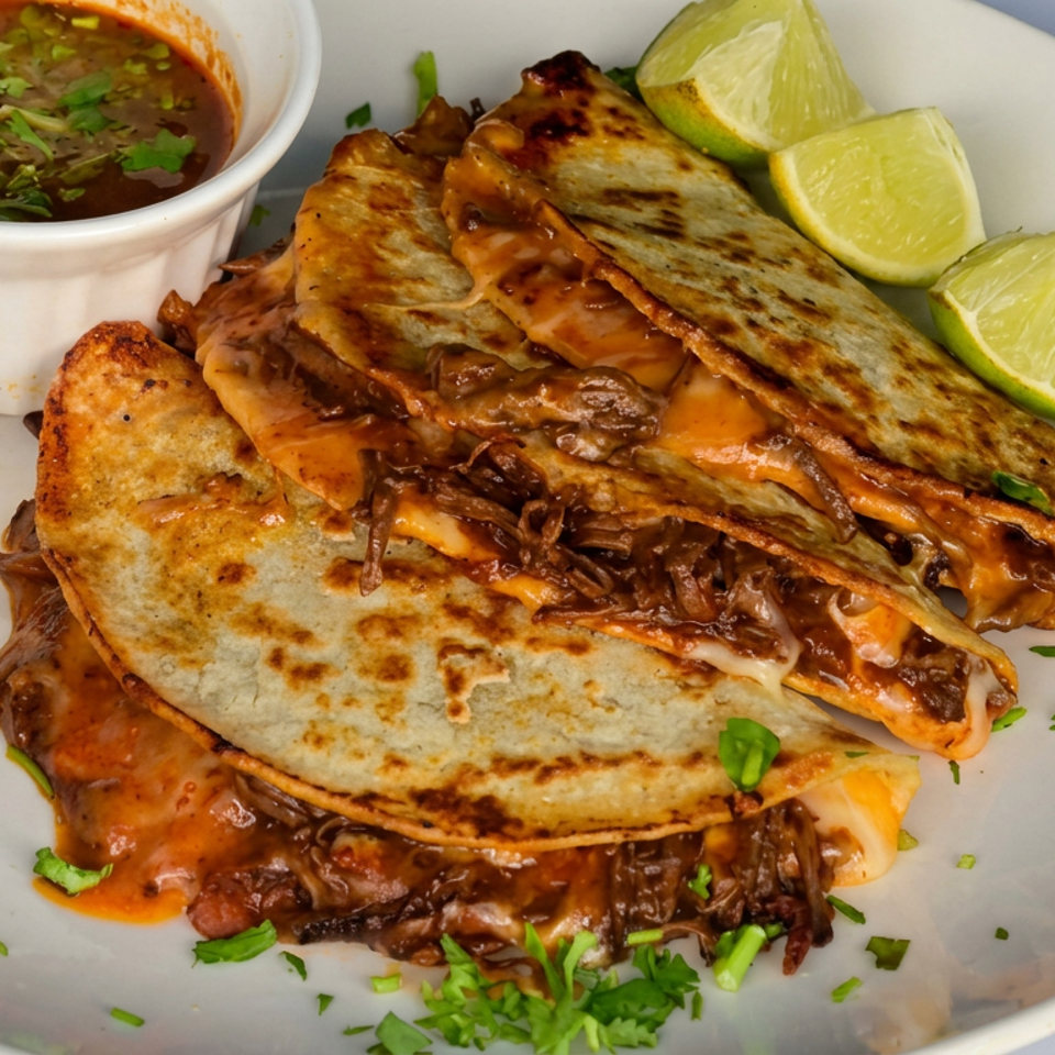 Crispy birria quesadillas filled with shredded beef and melted cheese, served with consommé, lime wedges, and cilantro.