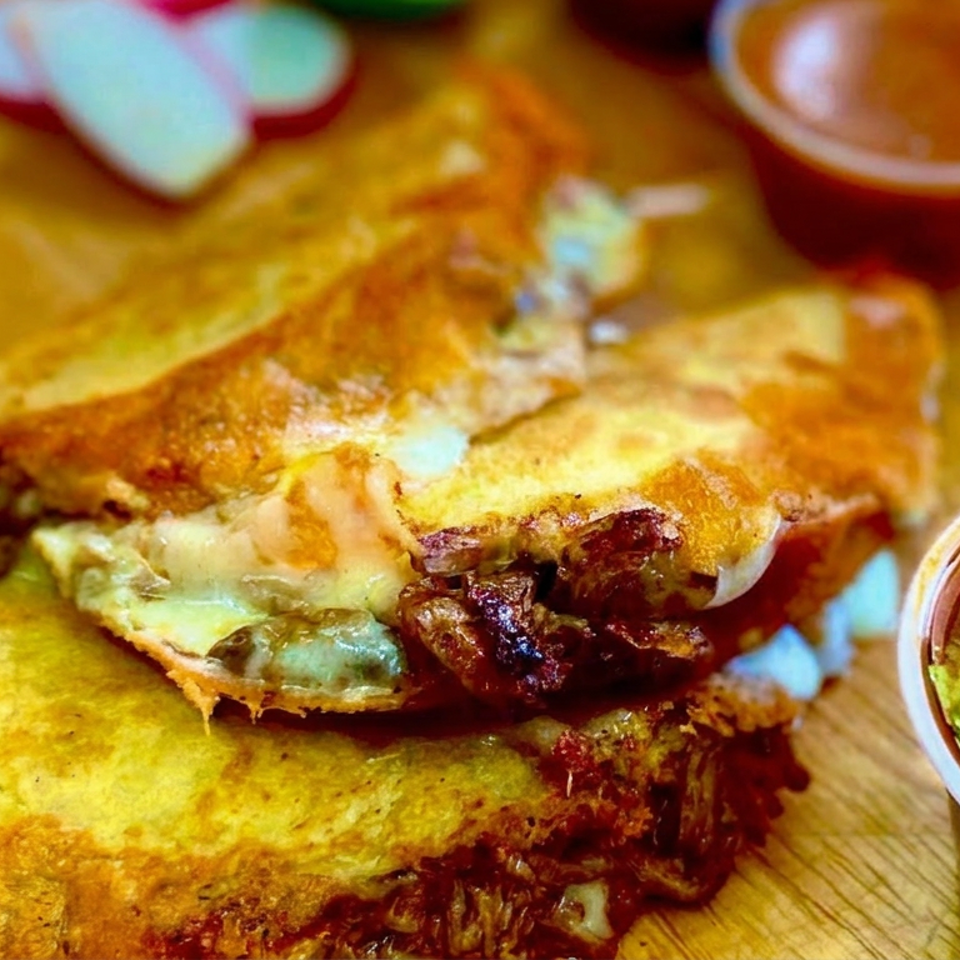 Golden fried stuffed pastries with savory filling on a wooden table, accompanied by small bowls of red dipping sauce.