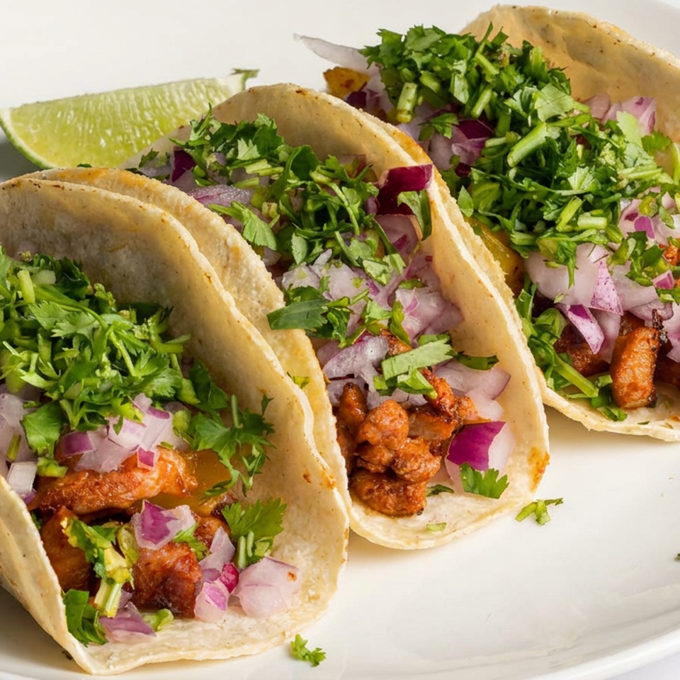 Three soft tacos filled with seasoned meat, cilantro, red onion, and lime wedge on a white plate.