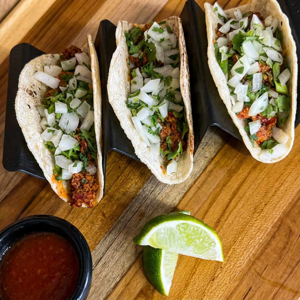 Three tacos topped with diced onions and cilantro on black holders, served with lime wedges and red salsa on a wooden table.